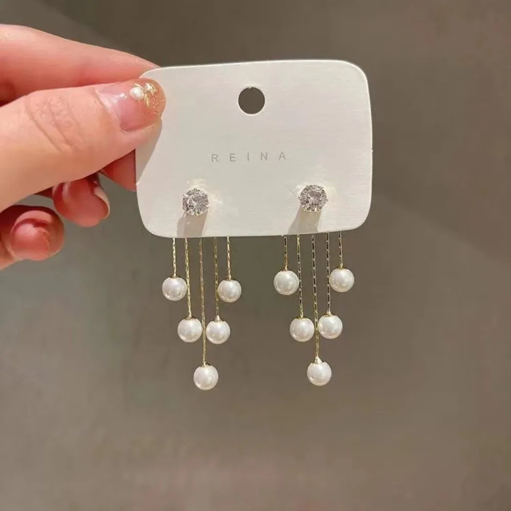 Elegant Exquisite Pearl Tassel Earrings Rhinestone Gold Diamond Pendant Earrings Luxury Zircon Pearl Earrings Gifts
