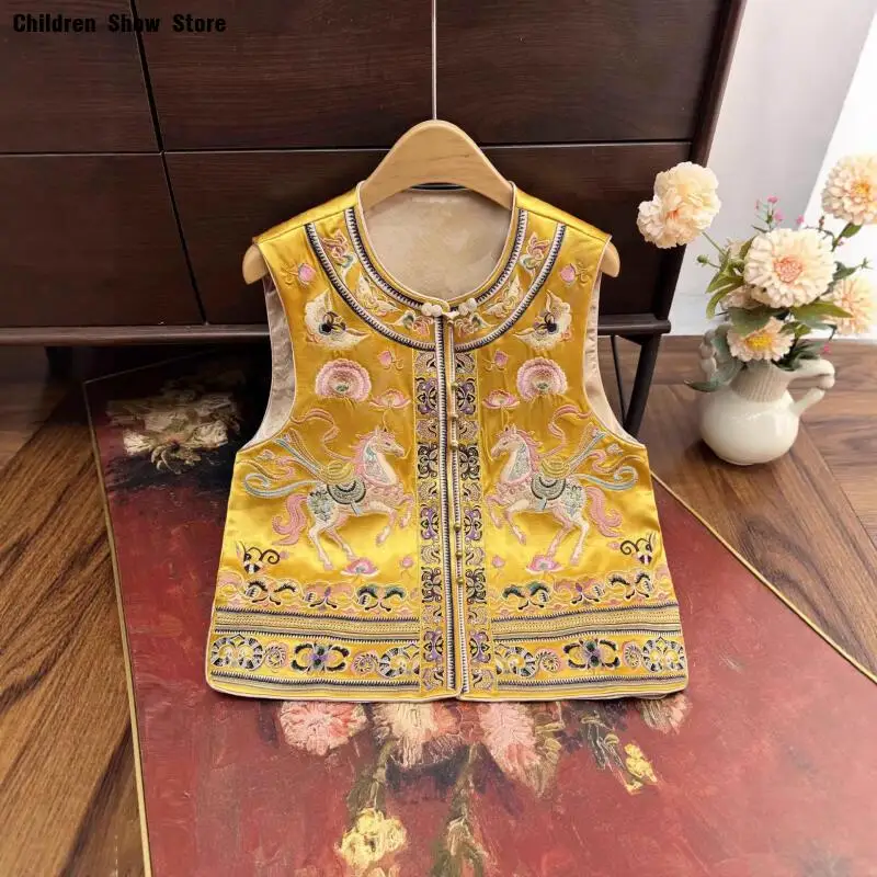 

2026 Китайский Новый год: Женская вышитая безрукавка в стиле Тан с изображением лошади, Ханьфу, Ципао, топ, жилет, верхняя одежда, подарок