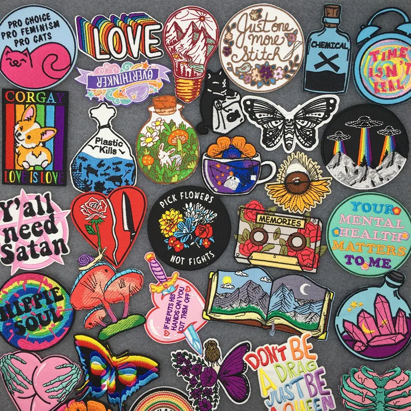 Cartoon Patch Embroidered Iron On Patches For Clothing Mountain Water Landscape Sewing Sticker Clothes Badges DIY