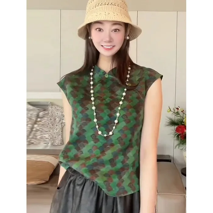 

Large Size Women's Top Spring Summer New Chinese Style Print Button Stand Collar Vest Cover Belly Commute Style Short Sleeve