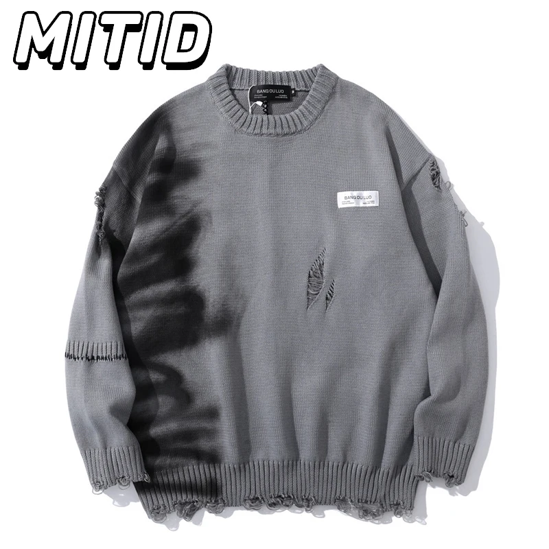 Graffiti Printed Round Neck Knitted Sweater Men Autumn Winter Hip Hop Streetwear Fashion Hole Ripped Hem Oversized Pullover Men