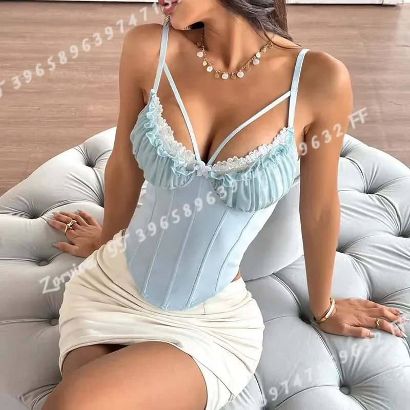 Sexy Sheer Mesh Lace Stitching Bustier with Padded Cups Backless Fishbone Corset Top for Women