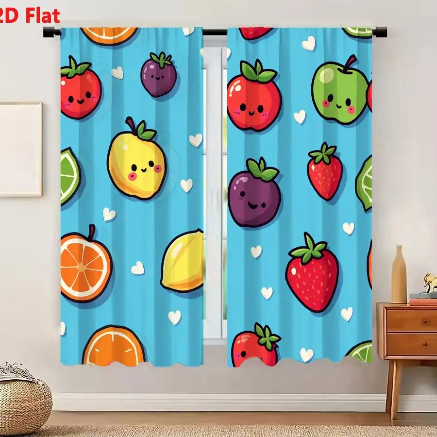 2Pcs Curtains 2D Flat Cheerful Cute Seamless Pattern With Anthropomorphic Fruits And White Hearts On Light Blue Background Windo