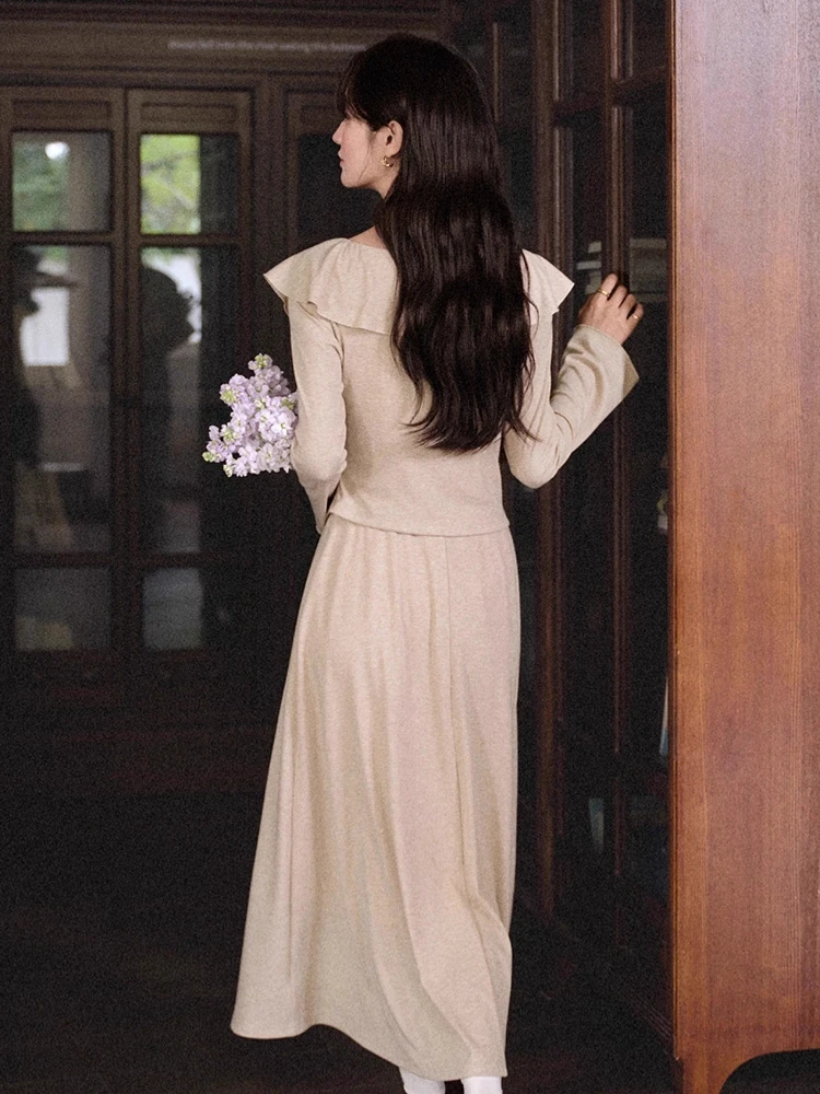 ALXNAN robe à flocons d'avoine à volants col en v robe longue élégante pour femmes automne nouveaux tissus tricotés décontractés faux robes deux pièces QJD00564