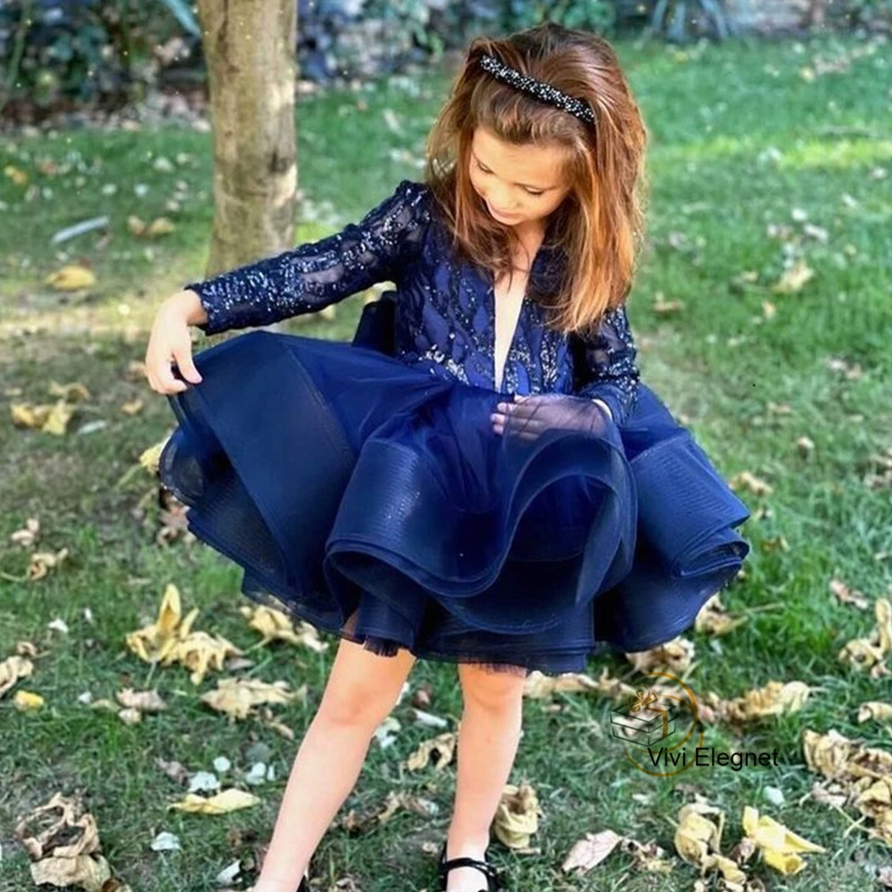 Drak Blue Flower Girls Dresses for Baby V Neck Tutu Dance Christmas Gowns with Sequined Full Sleeve 2023 Summer فلور فتاة اللباس