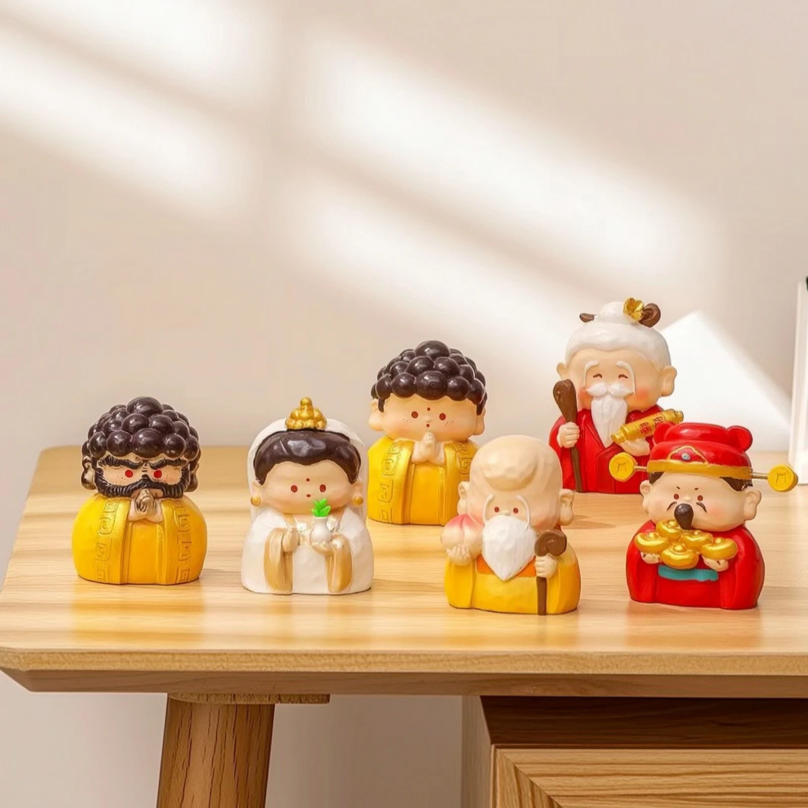 6 Pieces Chinese Deity Figurines Painted Cartoon Deity Statues Tabletop for Collectors, Desk, Entryway