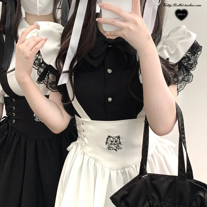 New Japanese Mine Angel Wings Lace Bow Short Sleeve Black and White Shirt Sweet Blouses High Waist Jacquard Strap Long Skirt