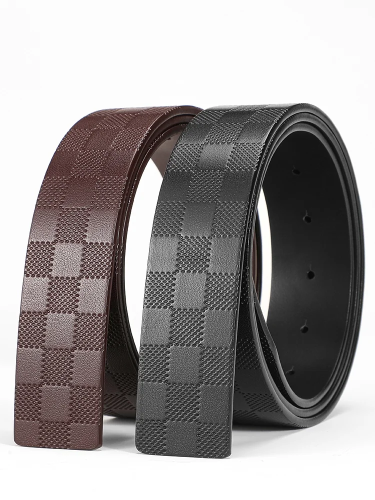 Plaid Belt Men's Leather Buckle-Free Head without Lead H Belt Smooth Buckle Body Full-grain Leather Pants Belt 3.8cm