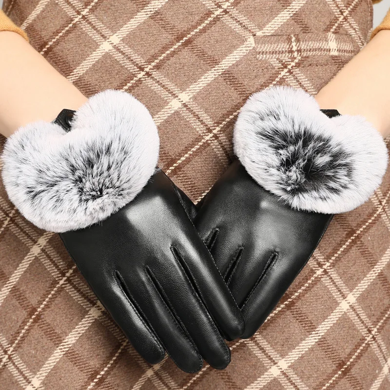 

Fashion Genuine Leather Gloves Women Thickened Warm Driving Riding guantes mujer Otter Rabbit Fur FullFinger Light Luxury Gloves