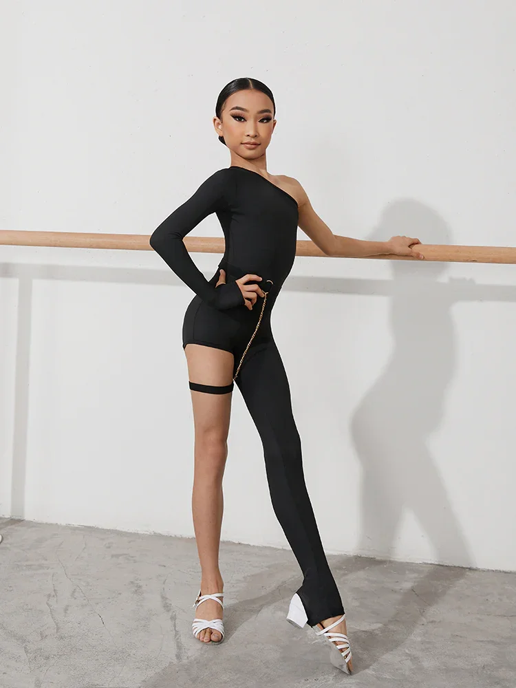 ZYM Latin Dance Costume for Girls Black Wild Cat Jumpsuit Stage Wear above 150 size with Cups The Cat Jump Suit Kids #2258