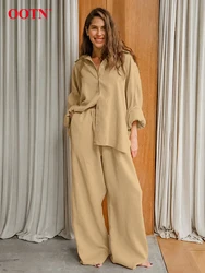 OOTN Fashion Khaki Linen Pants Sets 2 Pieces Women Autumn Solid Long Sleeve Loose Shirts Casual Cotton Straight Pants Suits 2024