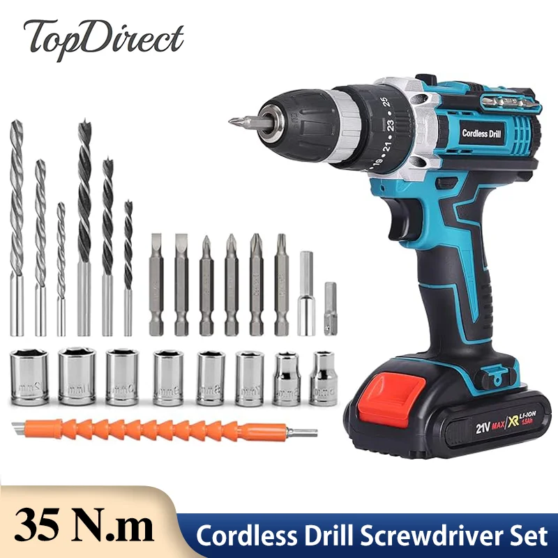 35 N.m Impact Drill High-Power 21V Rechargeable Electric Screwdriver Set 3-in-1 Multi-function Drill Power Tools for Woodworking