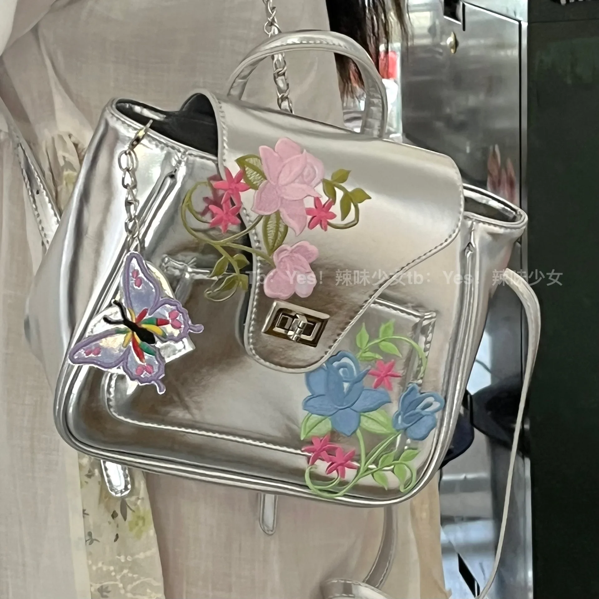 

Korean Luxury Silver Pu Leather Vintage Small Square Bag Flower Splicing Aesthetic Women Backpack Fashion Handbag Designer Bag