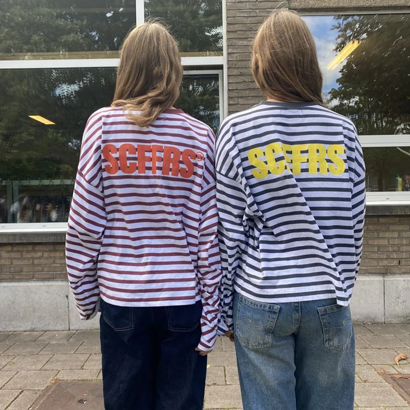 Image of SCFFRS Gestreiftes T-Shirt, Unisex, übergroßes Sweatshirt, Oberteile für Männer und Frauen, lockerer Langarm-Pullover, gestrickte Baumwoll-T-Shirts, Frühlingskleidung