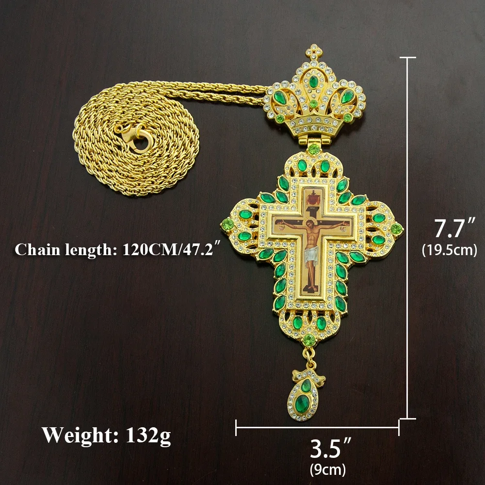 HTISOK Orthodox Cross Pendant Gold Plated Jesus Crucifix Cross with Gemstone Sacred Jewelry Baptism for Religious Decor & Gift