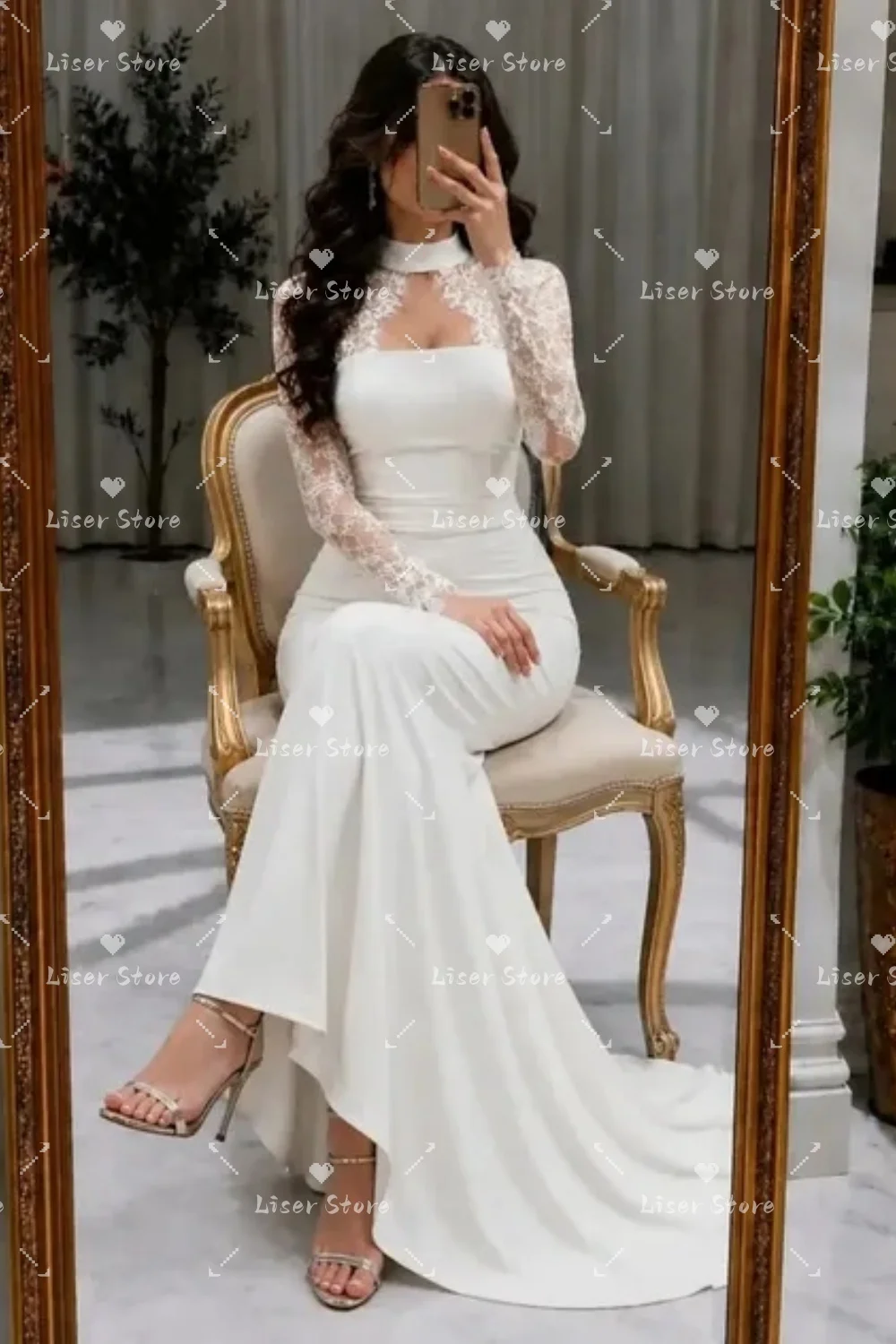 Liser Customized Ivory High Neck Cutout Long Lace Sleeve Mermaid Smooth Satin Skirt Slim Fit Sweep Train Robe De Mariée 2026