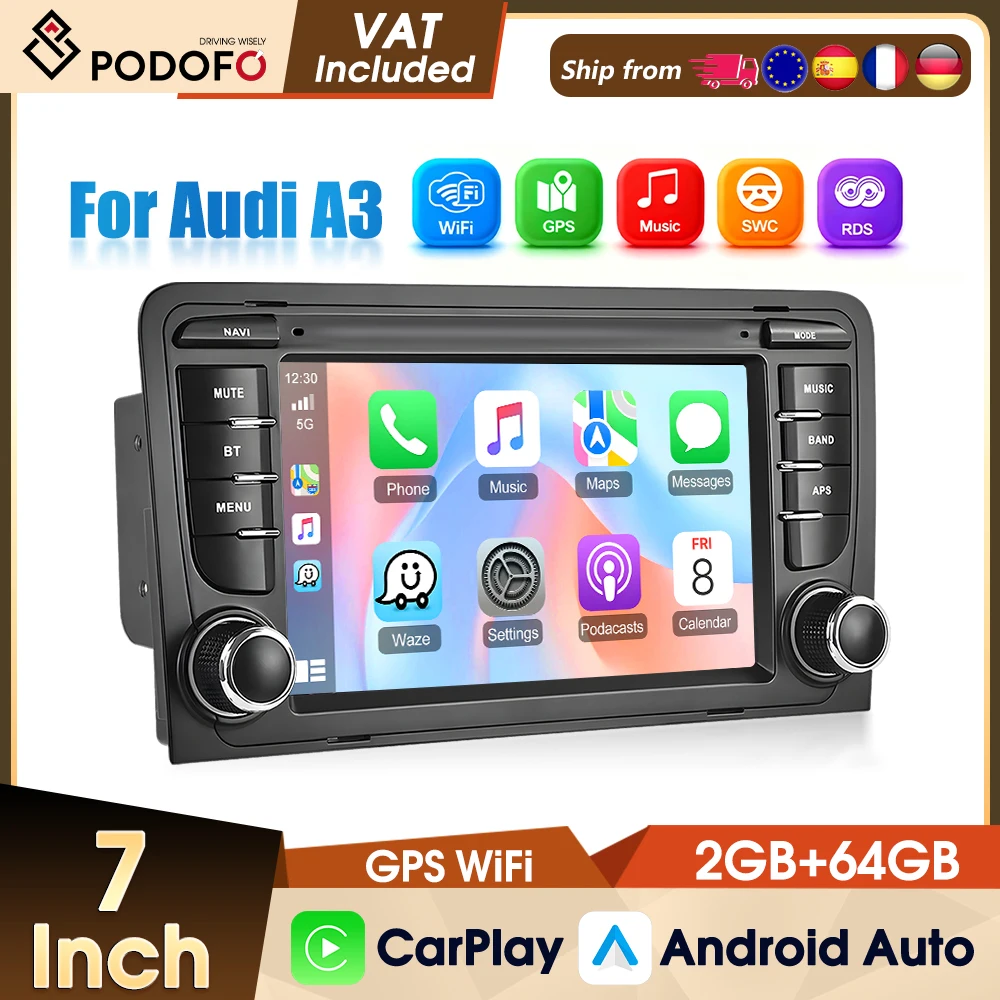 Autoradio Podofo 2DIN 2+64G per Audi A3 8P (2003-2012)/RS3 Sportback (2011-2012) con Carplay, Android Auto, GPS e Mirror Link