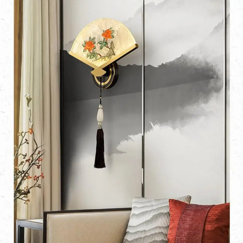 YEBMLP Chinese Style Hand-Painted Enamel Copper Wall Light Fan Shape Art Sconce Lamp Parlor Aisle Stair Bedroom Decor Wall Light