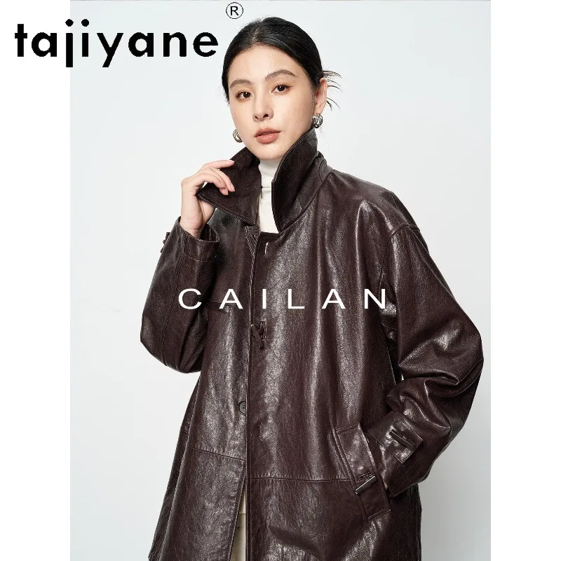 TAJIYANE A-grade Goatskin Genuine Leather Jacket Women Mid Length Leather Trench Coat Office Lady Outerwear Thin Jackets Косуха