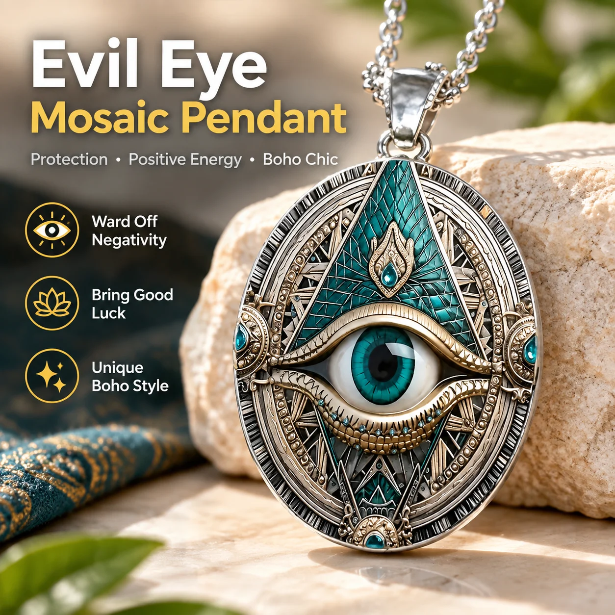 Evil Eye Mosaic Pendant Necklace Silver-Plated Alloy Glass Oval Talisman Boho Chic Jewelry