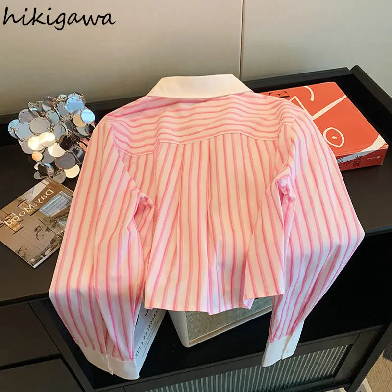 Pink Striped Womens Tops Long Sleeve Temperament Blouses 2024 Blusas Mujer De Moda Fashion Casual Summer Cropped Shirts Blouse