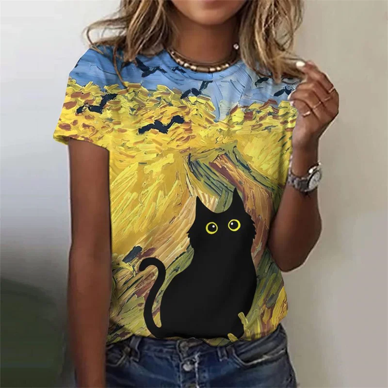 Funny Flower Cat Pattern T-Shirt For Women Plant Animal 3D Printed T Shirts Summer Fashion Street Tees Short Sleeves O-Neck Tops