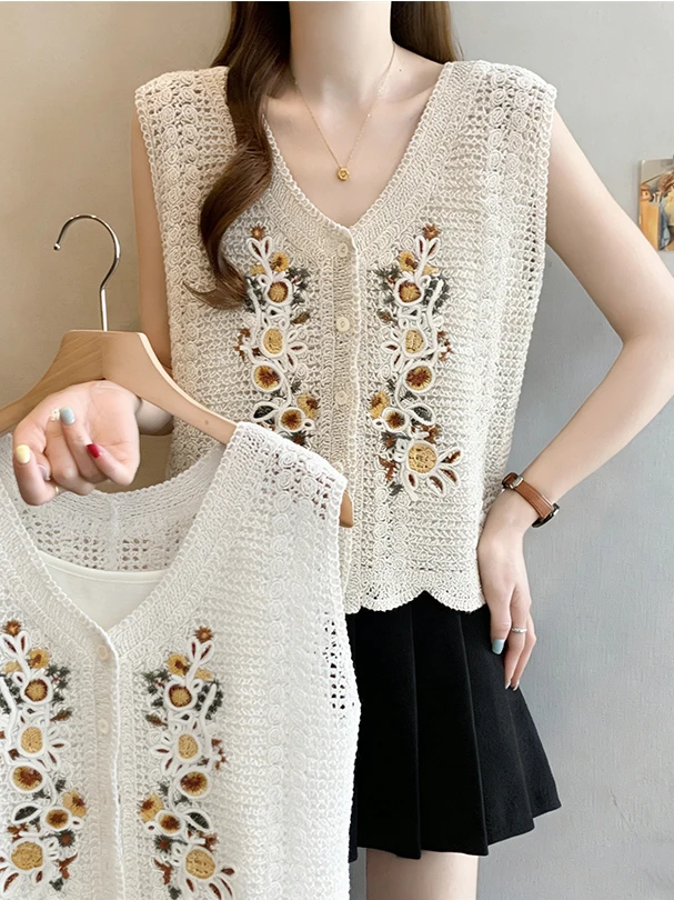 

plus Size Summer Hollow out Embroidered Knitted Vest Tank Top Layering Thin Shirt French Style Loose Fit V Neck Plant Floral ...