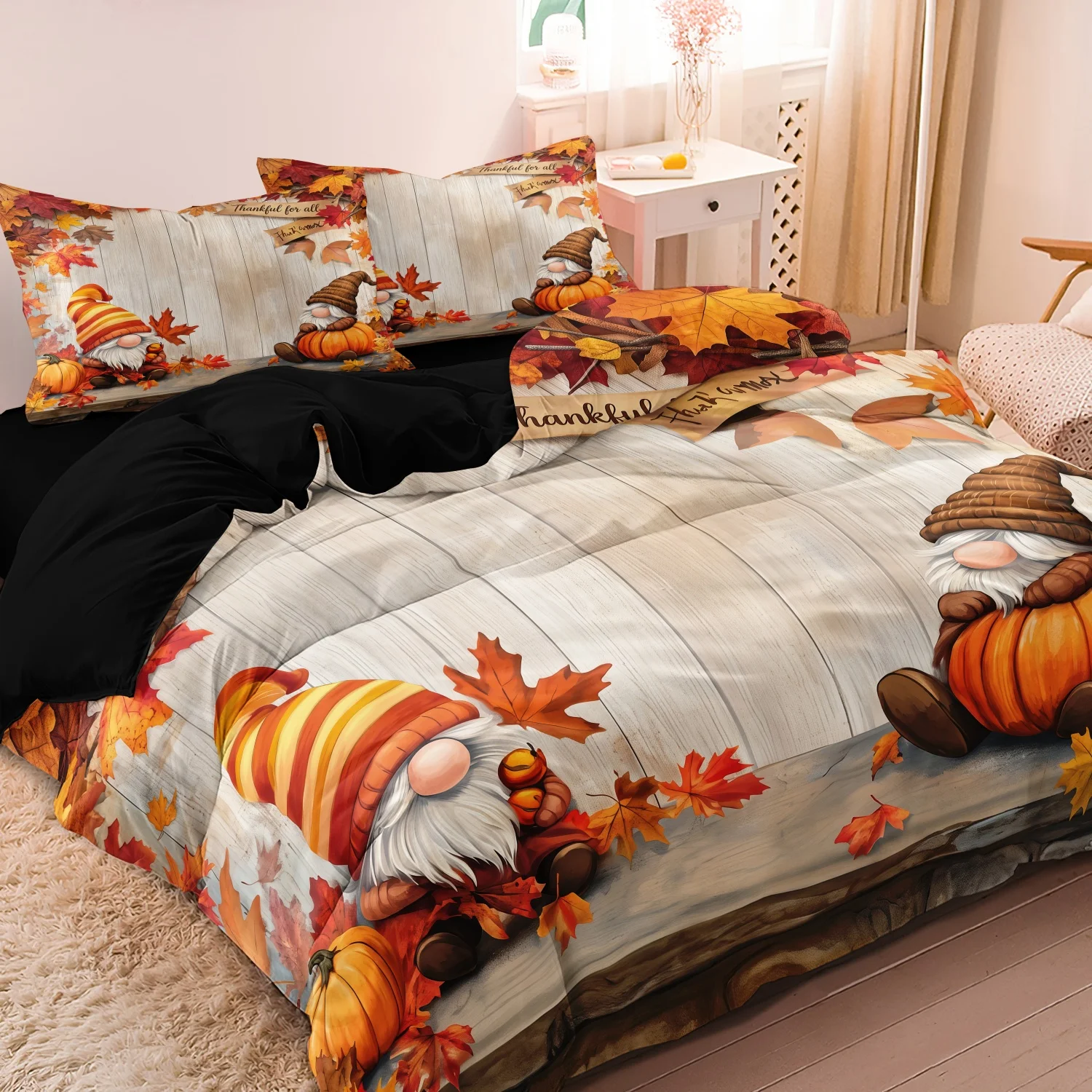 3 Pieces Rustic Farmhouse Fall Print Duvet Cover Set, Vintage Wooden Plank Cute Gnomes Pumpkin Maple Leaves Pattern Bedding