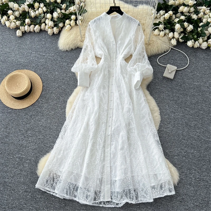 Elegant Formal Evening Floral Maxi Dress Women Long Sleeve Autumn Lace Dresses Female Hollow Out Prom Party Vestido Brand Design