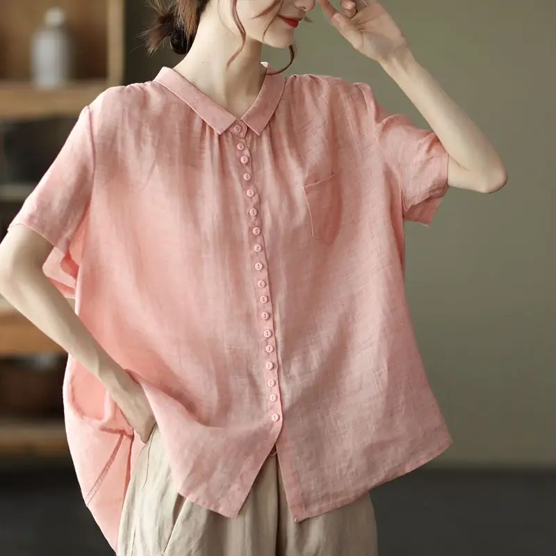 Fashion Lapel Button Pockets Solid Color Casual Shirts Women\'s Clothing 2024 Summer Loose Korean Tops Short Sleeve Blouses