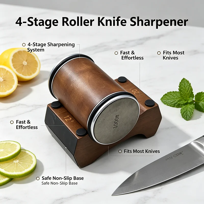Rolling Knife Sharpener 4 Angle 12/15/18/20 Wooden Base Magnetic Suction Chef Kitchen Manual Knife Sharpening Diamond Stone Tool