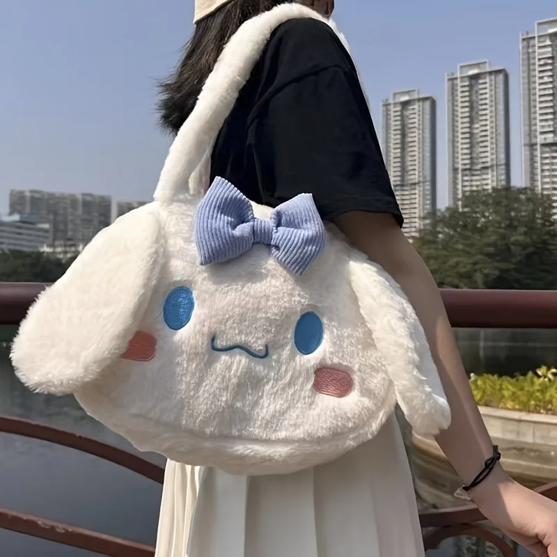 Girls Large capacity Cartoon Anime Cozy Fluffy Tote Bag, Kuromi Plush Tote & Shoulder Bag, Cinnamoroll Melody Faux Fur Handbag