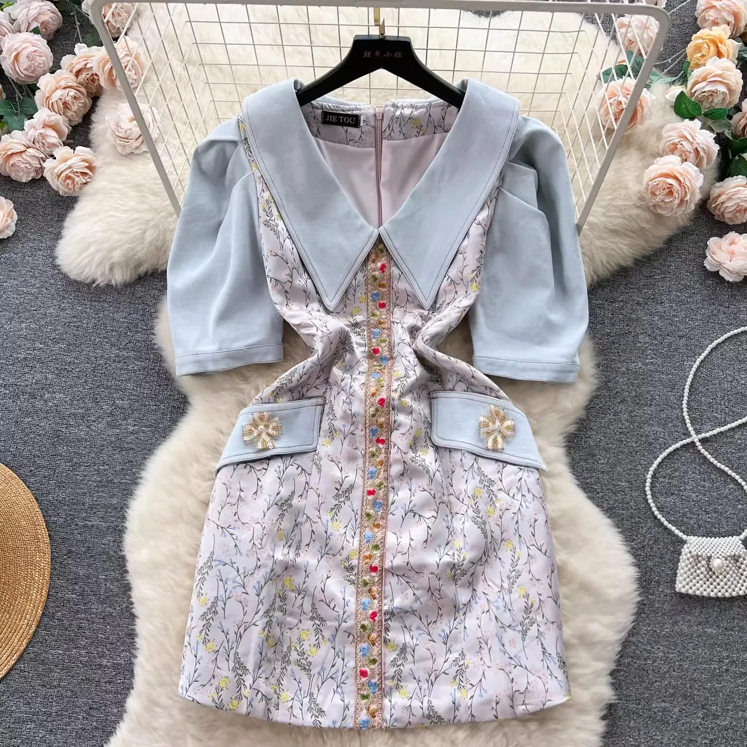 

New Autumn Vintage Puff Short Sleeve Bodycon Dress Women Big Turn Down Collar Flower Print Patchwork Denim Pockets Mini Vestidos