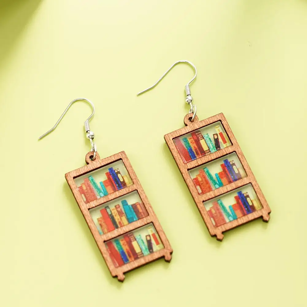 Acrylic Librarian Bookshelf Print Earrings Fashion Book Lovers Teardrop Wood Jewerly Gift For Woman Teacher Book Enthusiasts