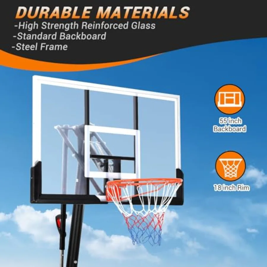 Outdoor basketball hoop system with adjustable height 5.210 ft,47-inch shatterproof backboard, portable wheels, black/gray fini