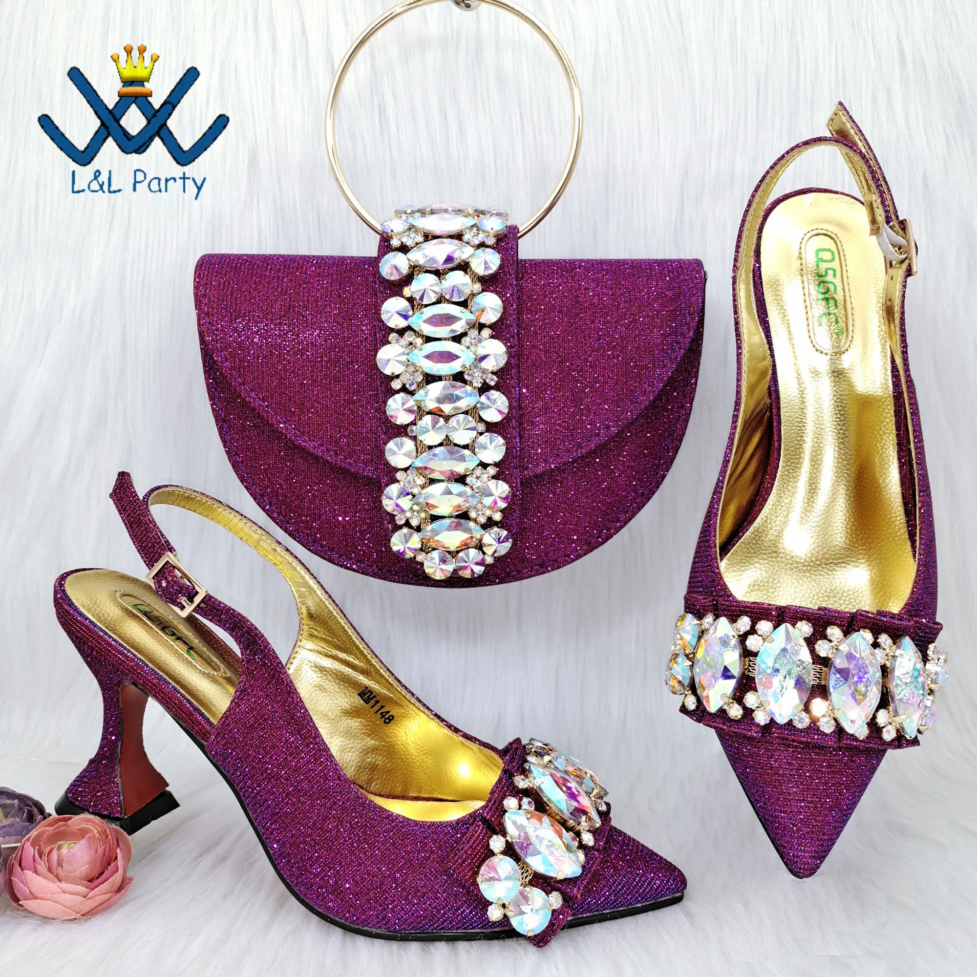 Fashionable New Arrivals Nigerian Design Women Shoes and Bag Set in Red Color Decorate with Rhinestone for Party