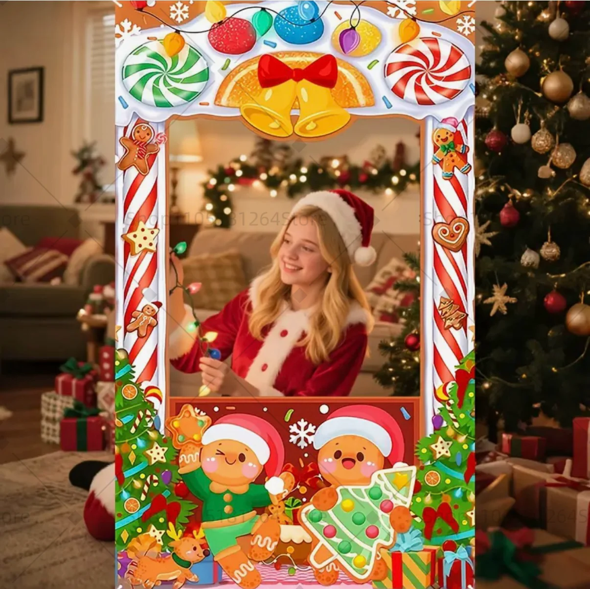 Winter Weihnachten Fotografie Requisiten Hintergrund Weihnachtsbaum Lebkuchenmann Zuckerrohr Süßigkeiten Hohlwirkung Photobooth Prop Banner