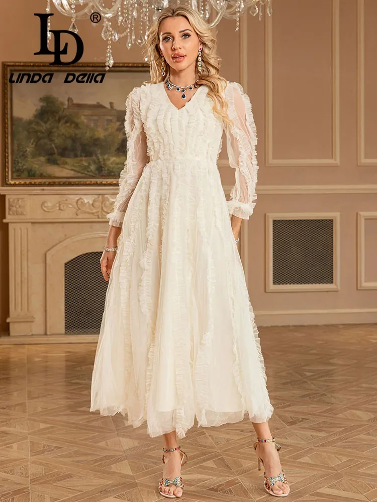 

Новое женское платье LD LINDA DELLA Весна/Лето 2025: Легкое, роскошное, с V-образным вырезом, длинными рукавами, сетчатыми вставками и широким подолом