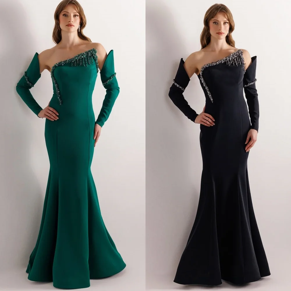 

Customized Modern Style Matching Jersey Beading Pleat Mermaid Strapless Long Dresses Bespoke Occasion Dresses Sizes Available