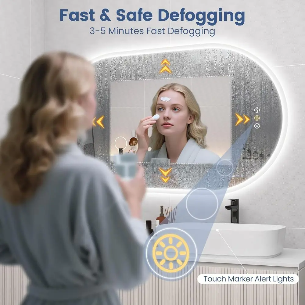 楕円形 LED バスルームミラー ライト付き 壁掛け式 Bluetooth スピーカー 曇り止め 3 色温度 調光可能な明るさ 防水