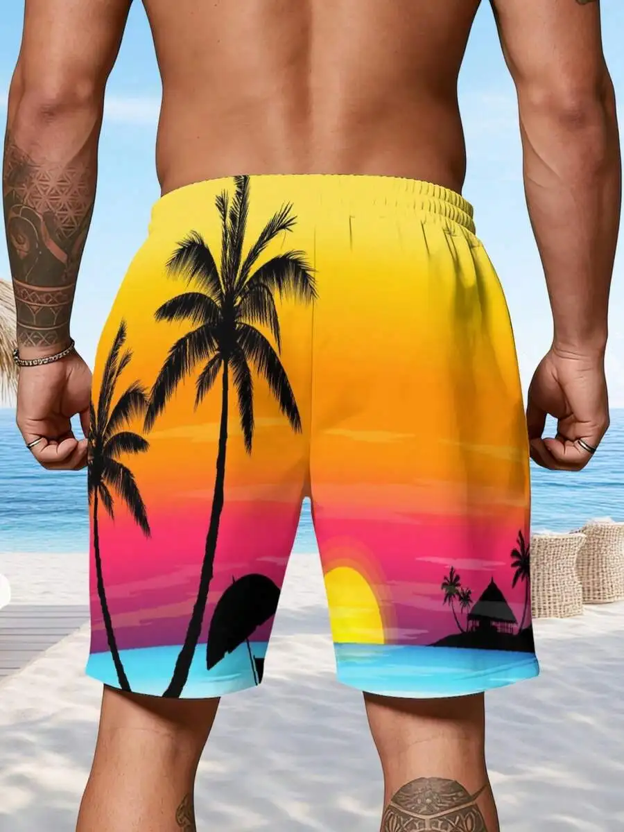 

Mens Beach Shorts Tropical Sunset Print Lightweight Comfortable Swim Trunks