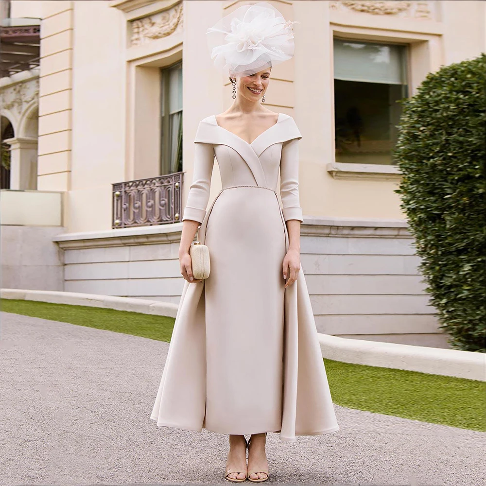 

Customized Elegant Mother of the Bride Dresses Satin V Neck 3/4 Sleeves Beading Ankle Length Maxi Wedding Guest Gowns for Women