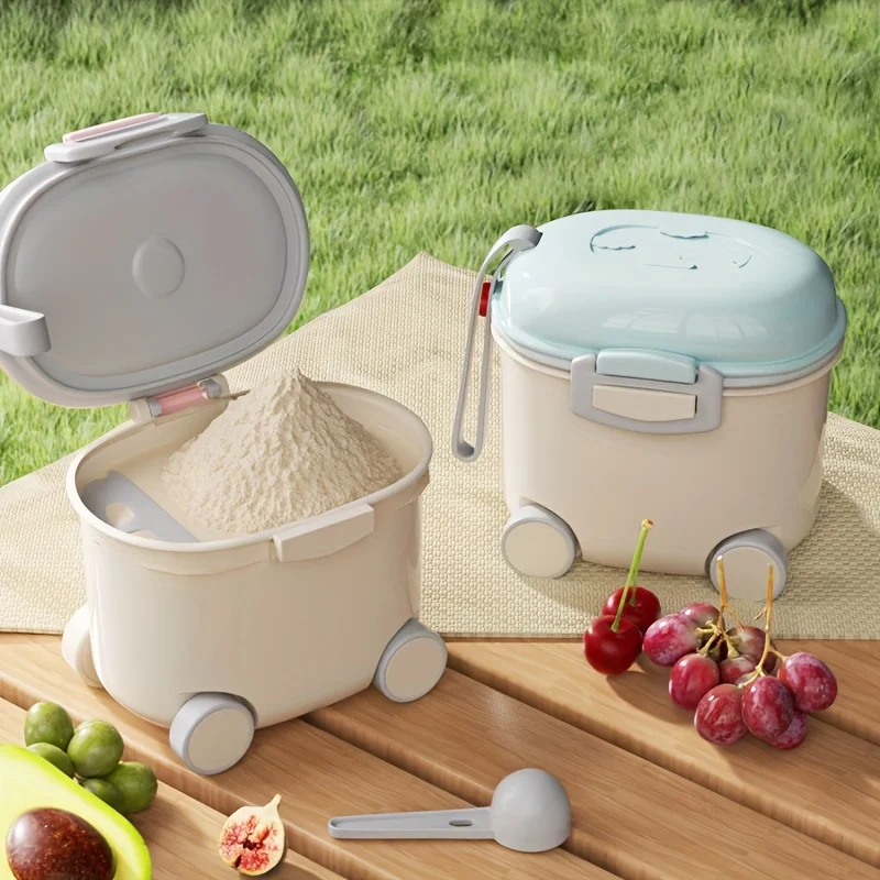 New Fun Car-Design Milk Powder Container with Spoon Fork and Silicone Handle, Portable Outdoor Food Storage Box, Snack Box