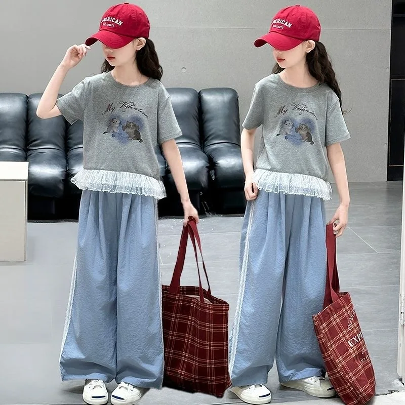 2026 Summer Girls Cloth Tassels Cat lace spling top t shirt + striped leisure bottom loose wide leg pant Kid 4 6 8 10 12 14Year