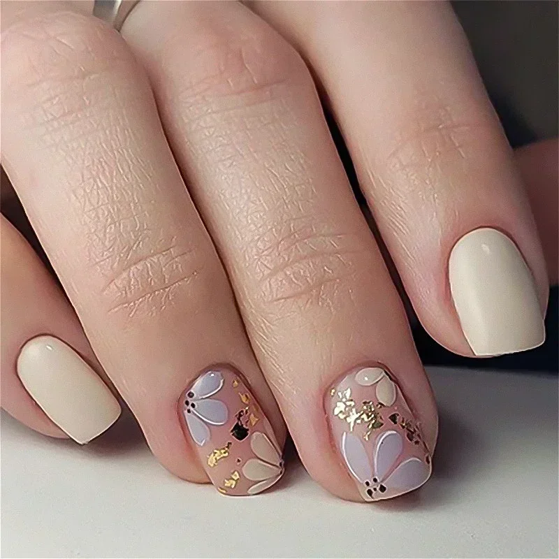 Pearl Purple Flowers Solid Color Nail Art Fashion Simple Summer Wearable False Nail Detachable Finished Fake Nail Press on Nails