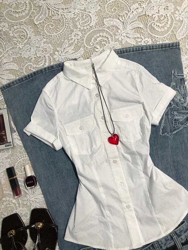 

Original Waist-Cinching White Workwear ort Sve irt for Women Vintage Summer Top Byao Girl Commute Sle Cotton Blend
