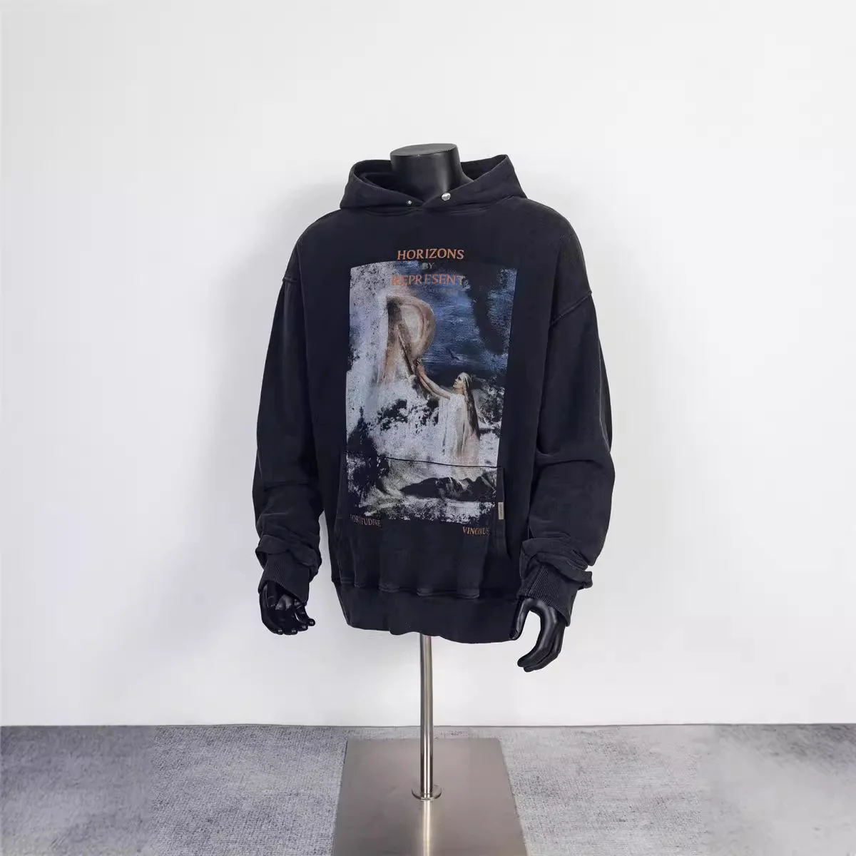 [BOMP] Sleepless Beauty Trend  Oil Painting Digital Spray Printing Water Washed Outdated Loose Men's Hooded