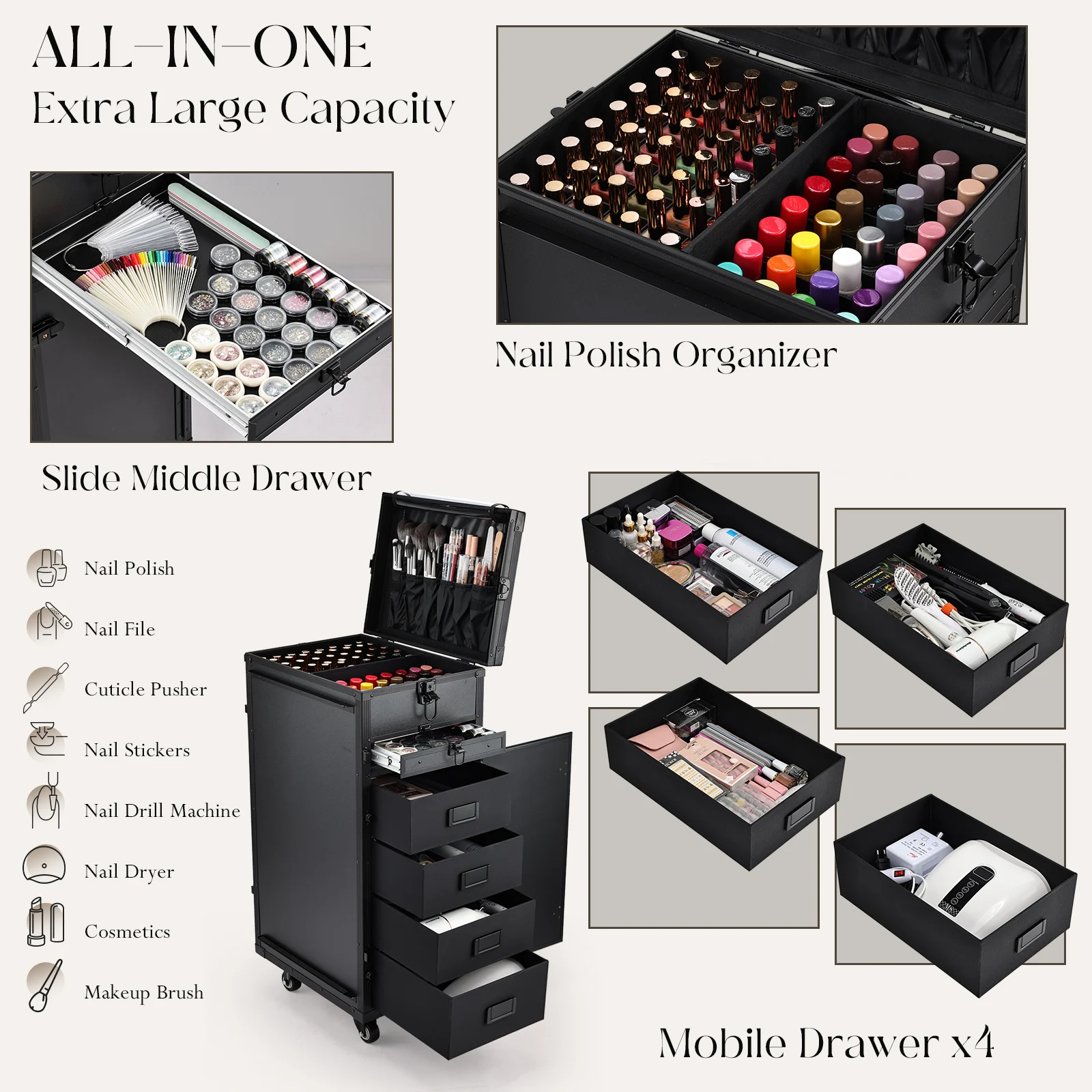 Imagen 3: Maleta de Maquillaje con Ruedas y 5 Cajones de Gran Capacidad, Maleta Profesional de Maquillaje, Mesa Portátil para Uñas, Escritorio para Técnicos de Uñas, Maleta de Cosmetología con Ruedas, Mesa Plegable para Uñas con Llaves, Mesa Móvil para Técnicos de Uñas y Tatuajes, Estación de Trabajo