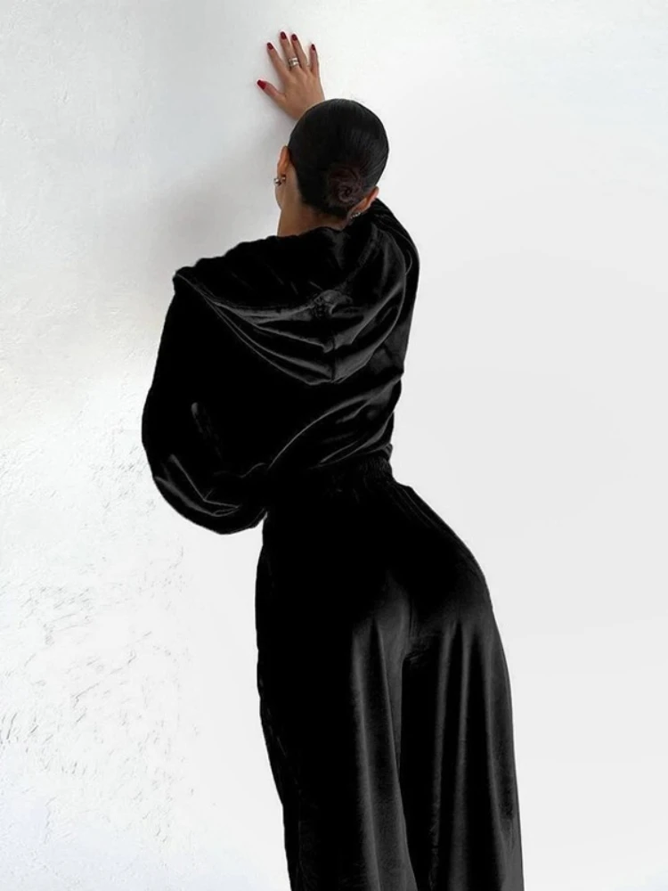 Women Spring Autumn Two-piece Set Velvet Tracksuit Hoodies Long Sleeve Zipper Sweatsuit+High Waist Drawstring Pants Suit Outfits