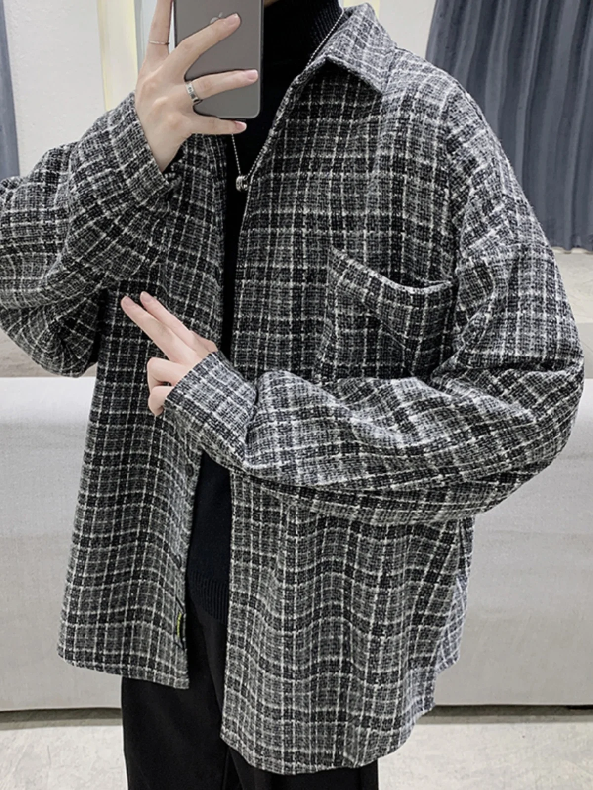 

Мужская осенне-зимняя рубашка-куртка в клетку свободного кроя в стиле ретро (хонконгский стиль), повседневная, на пуговицах, из полиэстера, для пар